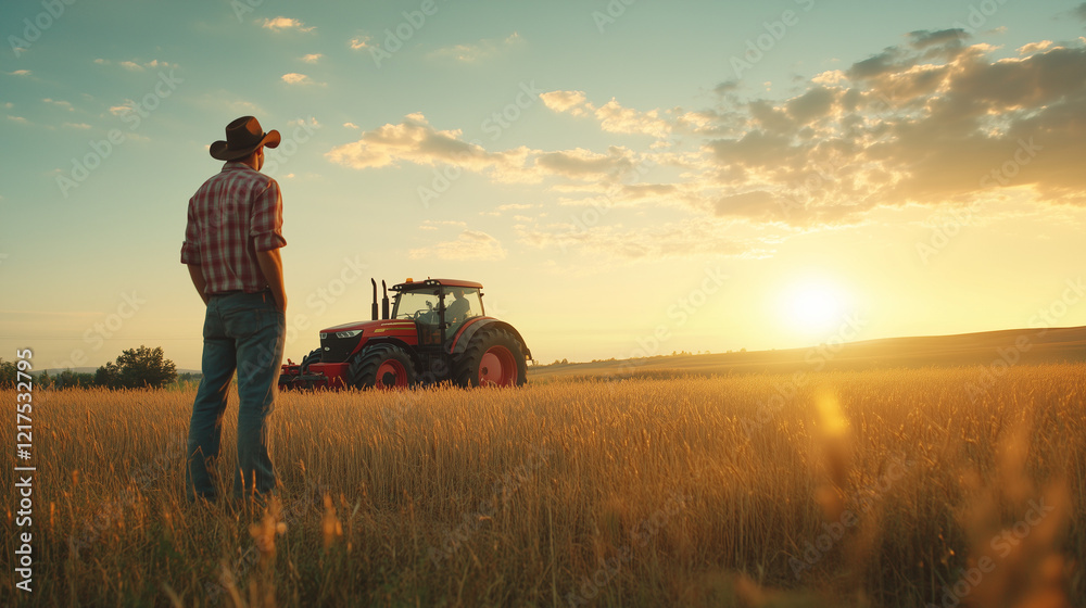 Obraz premium Happy Farmer Standing Proudly in a Field with a Tractor Behind 