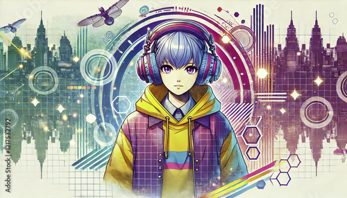 Anime Girl Listening to Music on Headphones. Relaxed and Vibrant Outdoor Illustration. Beautifully Drawn Young Character