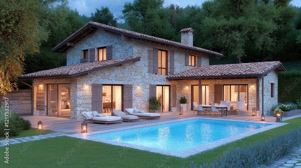 Stone House with Pool and Evening Lighting Stone House with Pool and Evening Lighting