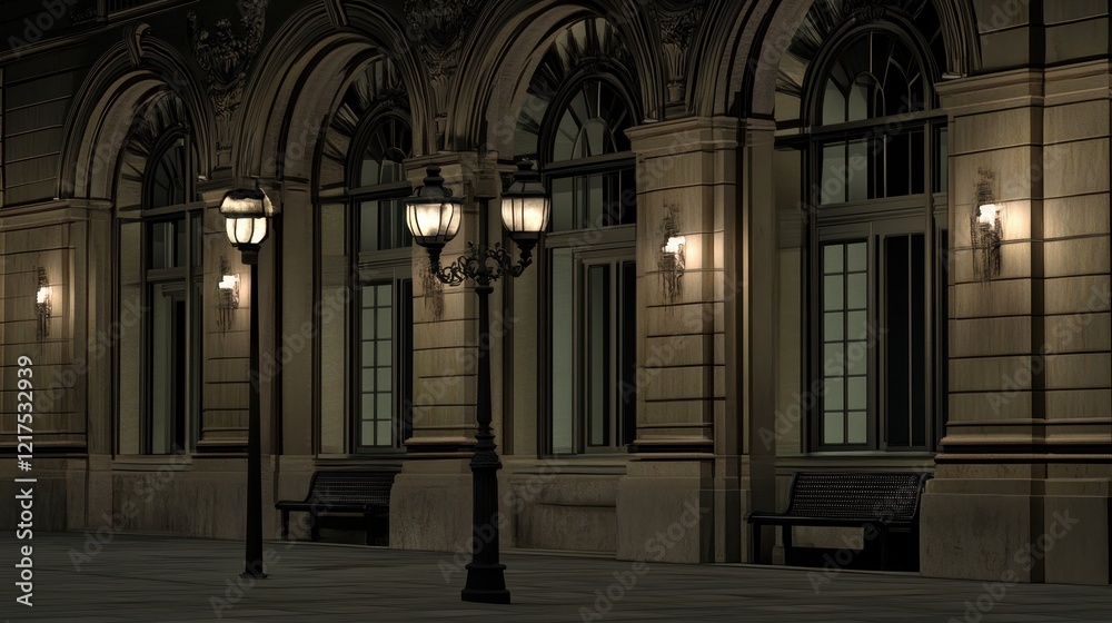 Obraz premium Elegant Building Exterior at Night with Ornate Lighting