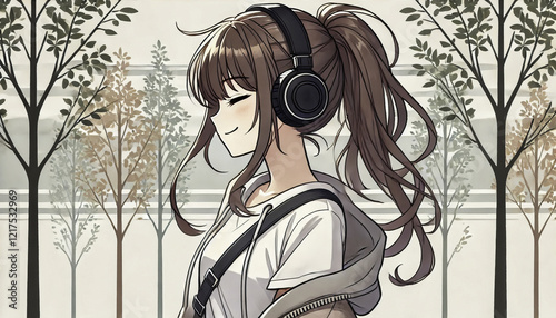 Anime Girl Listening to Music on Headphones. Relaxed and Vibrant Outdoor Illustration. Beautifully Drawn Young Character