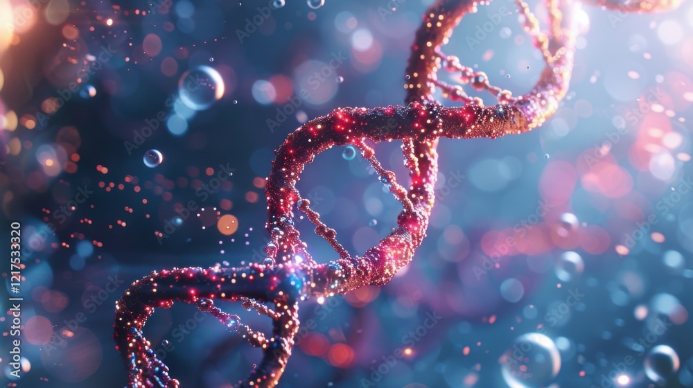 Red DNA double helix spiral surrounded by soft light bokeh and bubbles, creating a dreamy blue scene Red DNA double helix spiral surrounded by soft light bokeh and bubbles, creating a dreamy blue scene