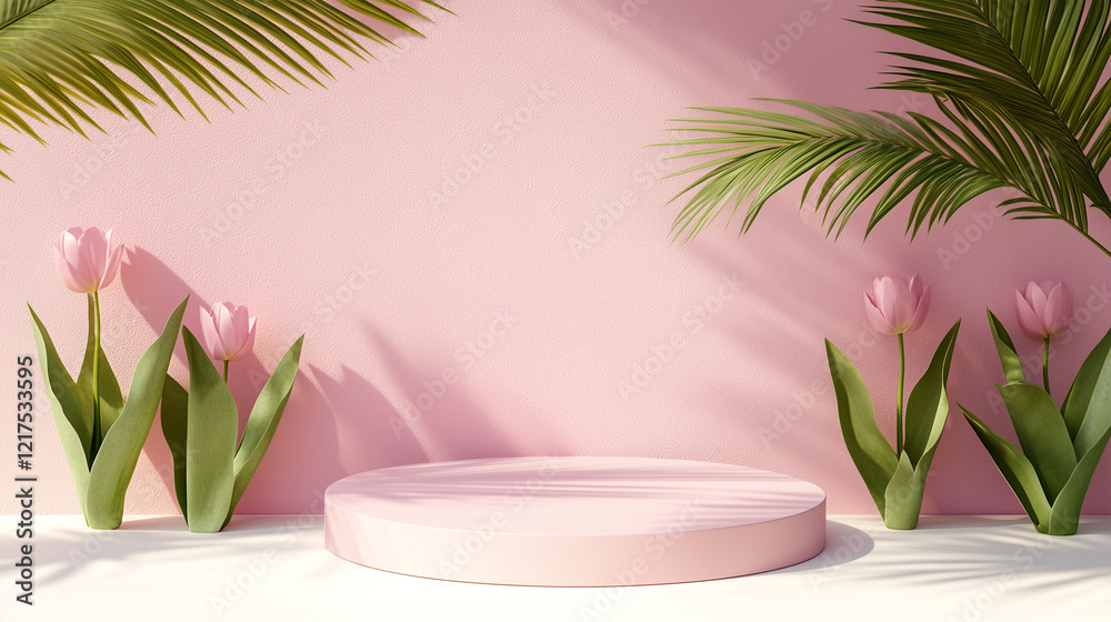 Pink wall with a green palm tree and pink flowers Pink wall with a green palm tree and pink flowers