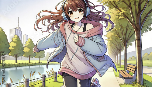 Anime Girl Listening to Music on Headphones. Relaxed and Vibrant Outdoor Illustration. Beautifully Drawn Young Character