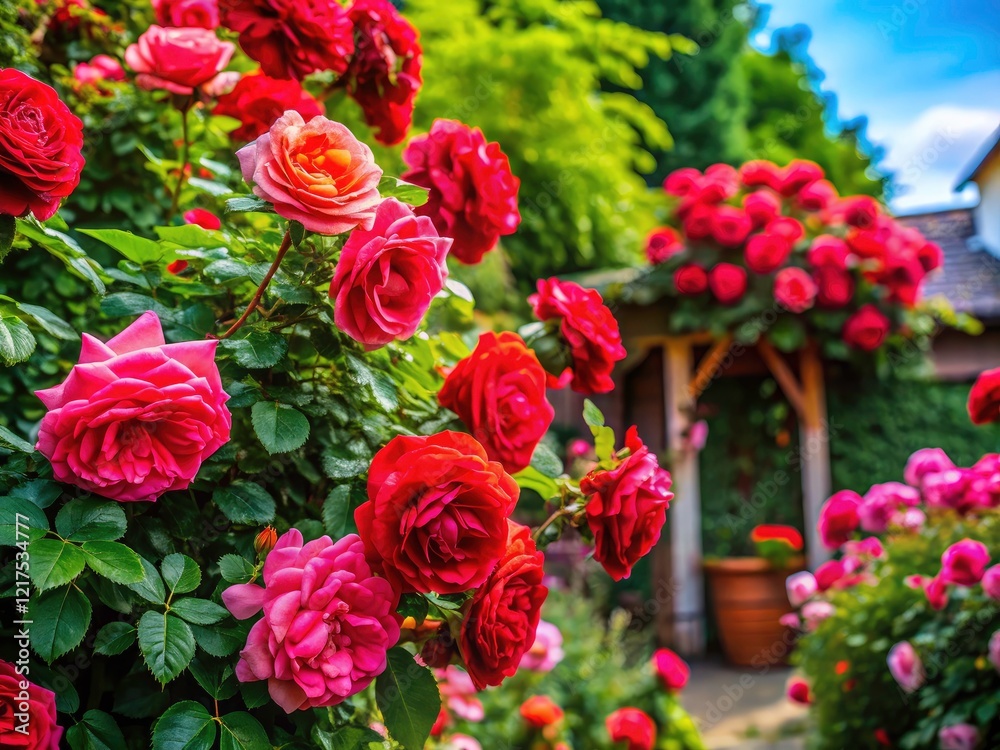 A blooming rose bush, its architecture captured in exquisite detail; breathtaking garden and floral artistry. A blooming rose bush, its architecture captured in exquisite detail; breathtaking garden and floral artistry.