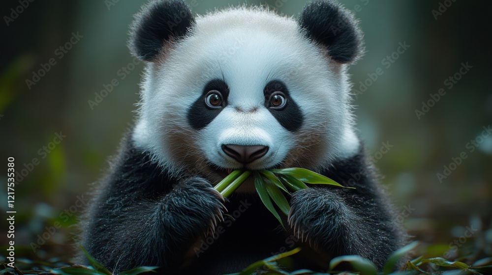 Obraz premium Adorable Giant Panda Cub Eating Bamboo in Lush Forest Habitat