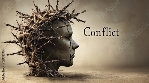 Profile with branch crown and conflict text. Used in psychological entrapment concepts.