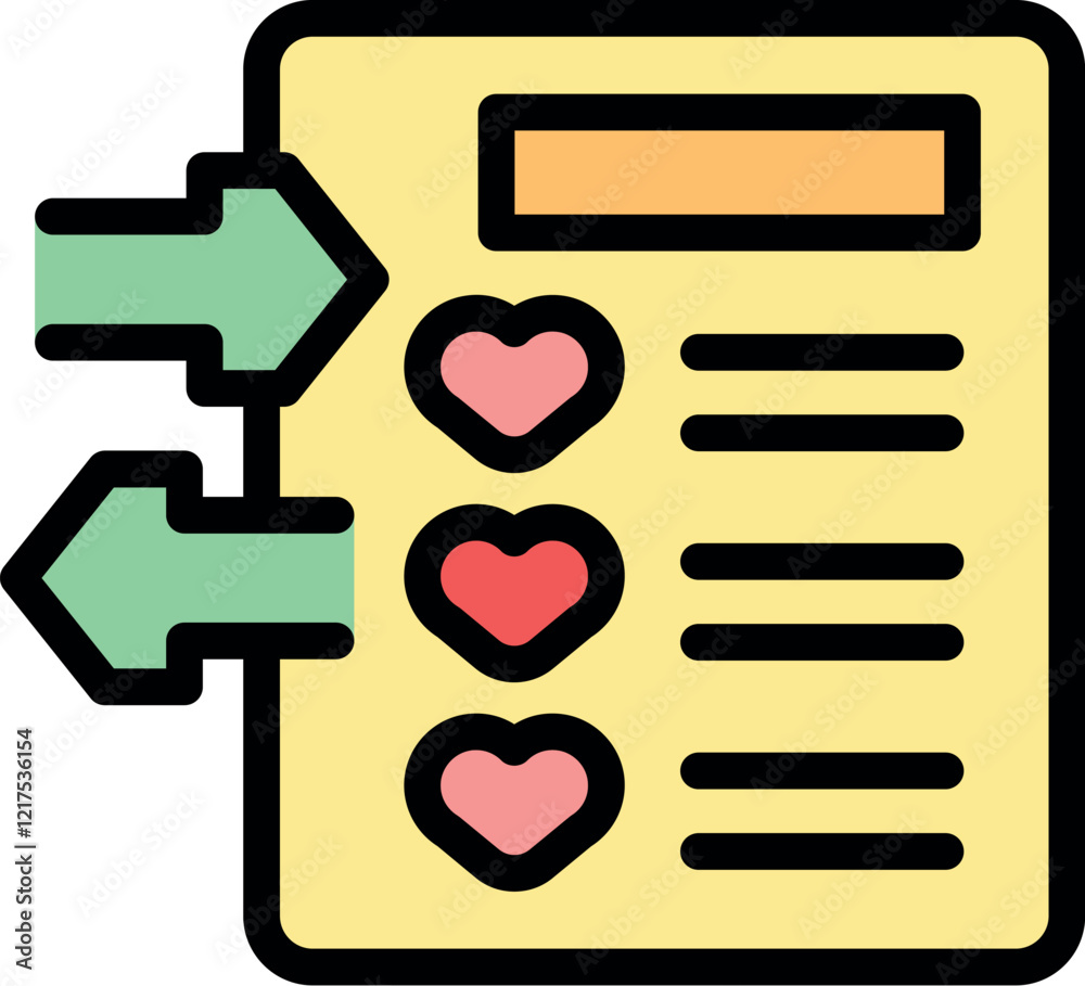 Arrows pointing to a list with hearts symbolizing sharing love, affection, and kindness online Arrows pointing to a list with hearts symbolizing sharing love, affection, and kindness online