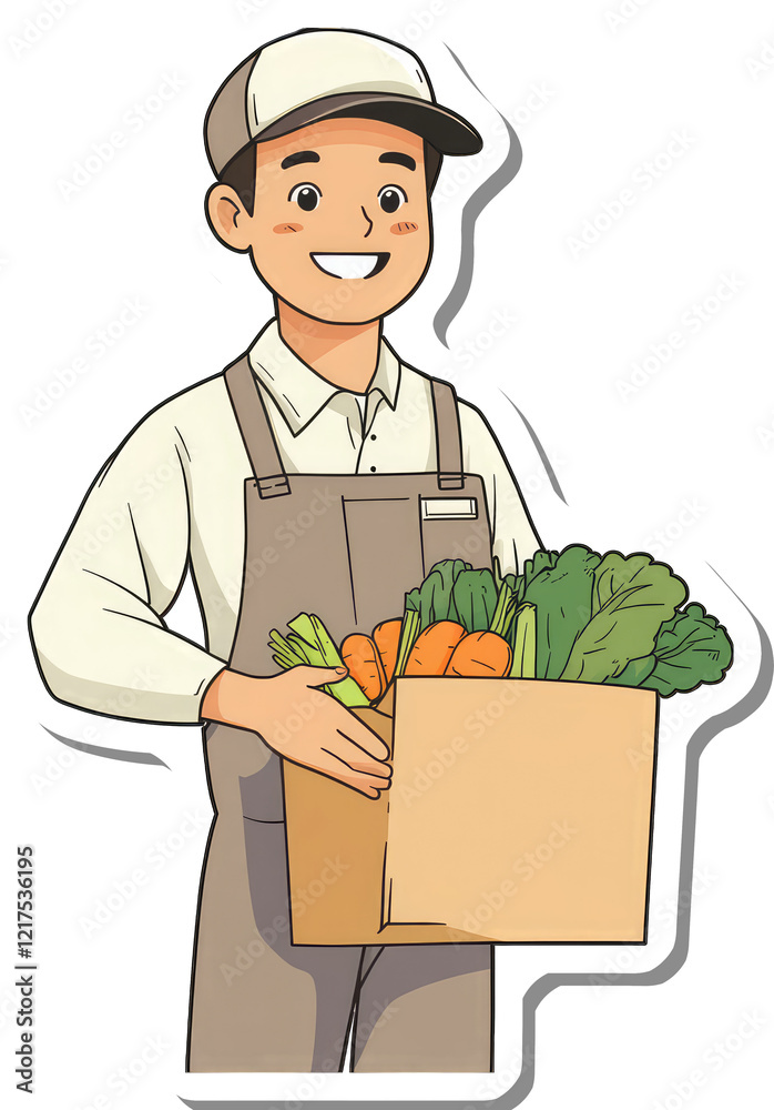 Happy Delivery Man Carrying A Box Of Fresh Vegetables