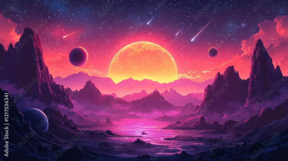 Naklejka premium A vibrant cosmic landscape featuring a large sun, planets, and mountains.