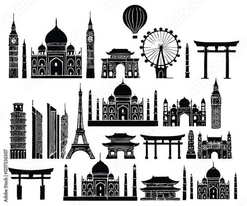 minimalist black and white silhouettes of various famous landmarks with clear lines on a white background. Big set of famous monuments and landmarks of the world. 