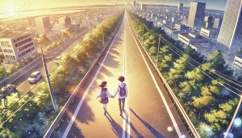 Anime Couple Walking Hand in Hand Through Beautiful Scenic Landscapes Transitioning From City Streets to Nature's Serenity