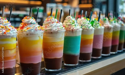 Colorful layered milkshakes topped with whipped cream and sprinkles, served in clear cups with straws, displayed in a row at a café or dessert counter.