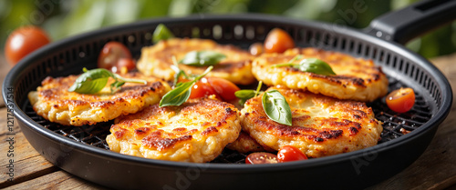 Delicious provoleta with fresh herbs and tomatoes in rustic pan, culinary delight photo