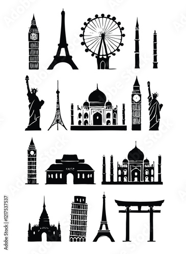 minimalist black and white silhouettes of various famous landmarks with clear lines on a white background. Big set of famous monuments and landmarks of the world. 