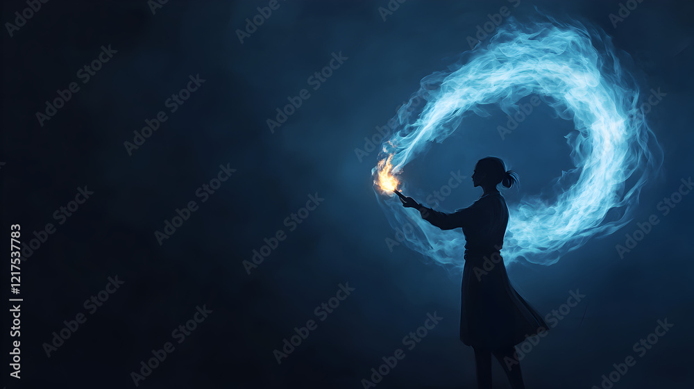 A mage summoning glowing blue flames that spiral around her staff like a fiery serpent.
A mage summoning glowing blue flames that spiral around her staff like a fiery serpent.