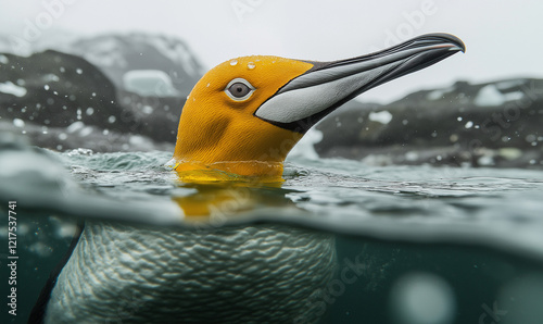  yellow and white penguin is swimming in the water, a photograph of a surreal creature with long necks on its head photo