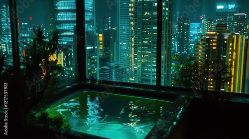 Night Cityscape Viewed From Indoor Hot Tub