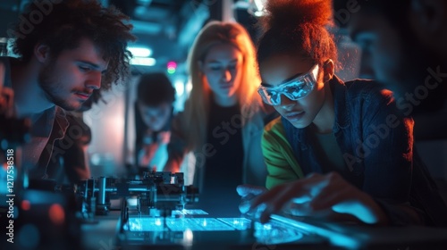 A mixedgender multicultural group gathered around a piece of machinery each using a different tool embodying the essence of collaboration in solving complex manufacturing challenges. photo