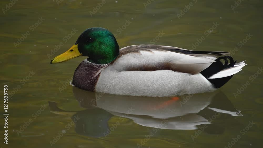 A male duck floating on a pond looking around in autumn A male duck floating on a pond looking around in autumn