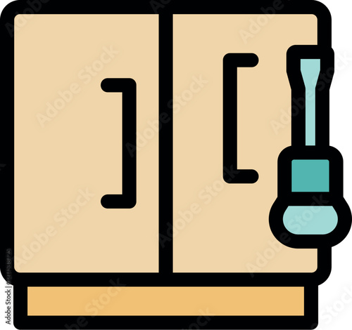 Screwdriver assembling a kitchen cabinet, furniture assembly process