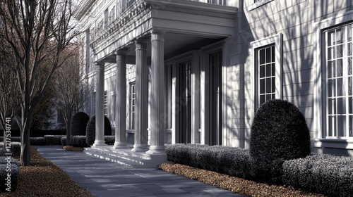 Elegant Mansion Entrance with Classical Columns and Landscaping