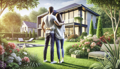 Couples Embracing Homeownership Dreams in Picturesque Suburban Gardens and Luxurious Modern Houses with Lush Greenery