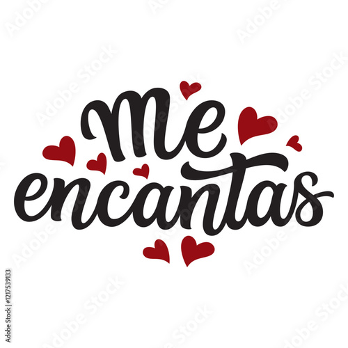 Spanish translation: I am crazy about you. Hand lettering quote with hearts isolated on white background. Vector typography for Valentine's day decorations, cards, poster, banner