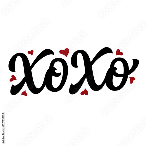 XOXO hugs and kisses. Hand lettering text with hearts isolated on white background. Vector typography for Valentine's day decorations, cards, poster, banner