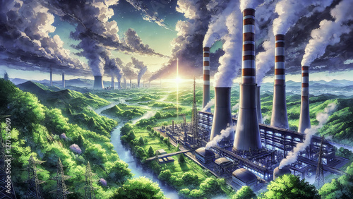 Industrial Landscapes Featuring Smoke Emissions, Power Plants, Green Forests, and Sunset Skylines