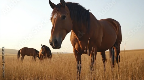 Grazing horses in golden field, sunset