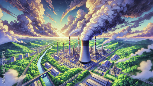 Industrial Landscapes Featuring Smoke Emissions, Power Plants, Green Forests, and Sunset Skylines