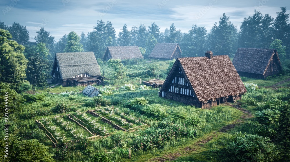 Medieval Village nestled within a verdant forest landscape Medieval Village nestled within a verdant forest landscape