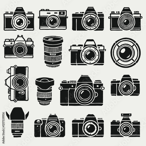 Adobe Illustrator Artwork. Collection of cameras. Set of retro cameras. Photography equipment icons set. Simple illustration. Camera flat design style. Black on white various illustration.