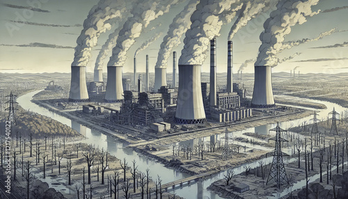 Futuristic Industrial City with Cooling Towers, Heavy Pollution, and Dense Smoke and Smog