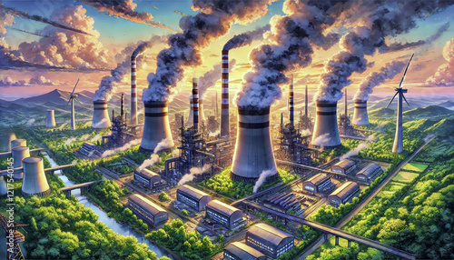 Industrial Landscapes Featuring Smoke Emissions, Power Plants, Green Forests, and Sunset Skylines
