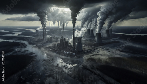 Futuristic Industrial City with Cooling Towers, Heavy Pollution, and Dense Smoke and Smog