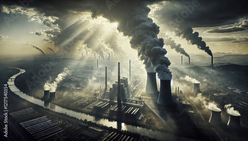 Futuristic Industrial City with Cooling Towers, Heavy Pollution, and Dense Smoke and Smog