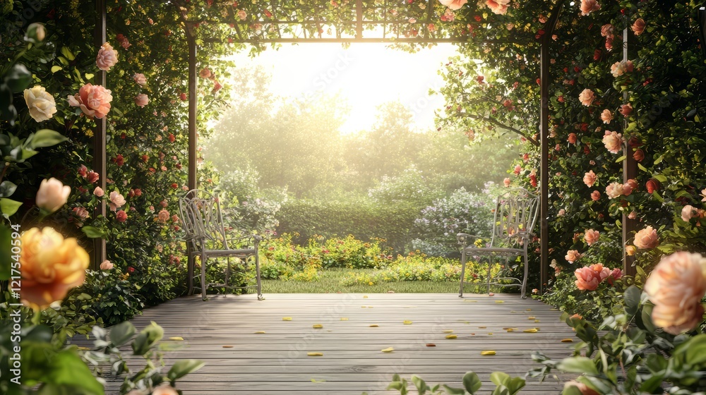 Obraz premium Romantic Valentine's Day garden setup with roses and a sunlit backdrop creating dreamy feel