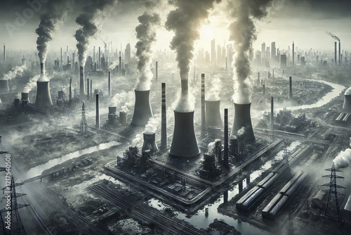 Futuristic Industrial City with Cooling Towers, Heavy Pollution, and Dense Smoke and Smog