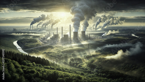 Aerial View of Industrial Power Plant Surrounded by Lush Green Forest and Pollution Emissions