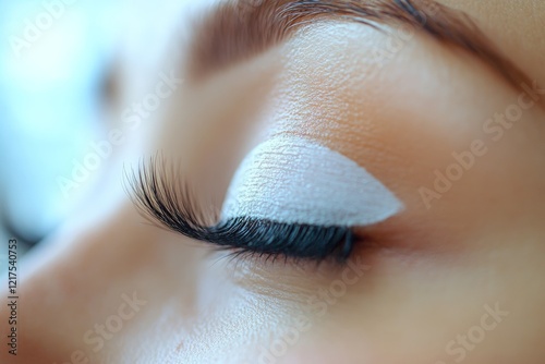 Woman applying makeup with white eyeshadow in a close-up shot during a beauty session photo