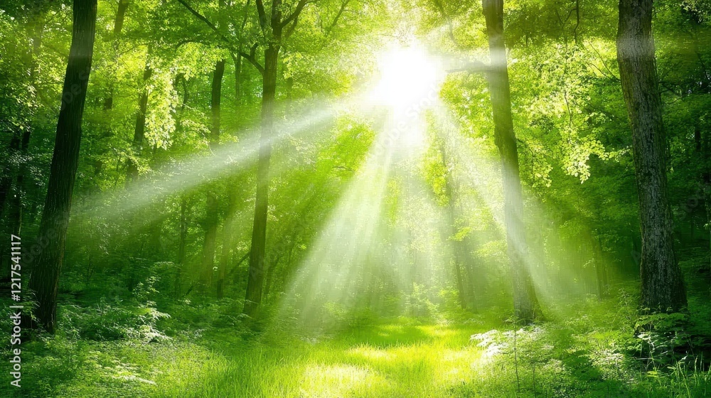 Fototapeta premium Sunlit Forest Path Green Trees Summer Sunlight