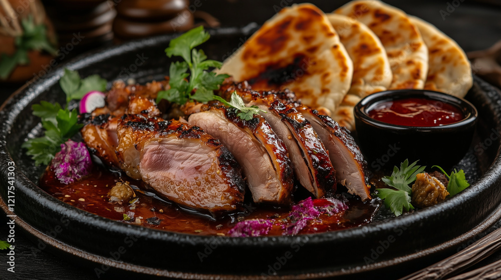 A delicious dish of roasted duck, sliced and served with flatbread, sauces, and garnishes on a beautifully arranged plate. Ideal for showcasing traditional cuisine and culinary artistry A delicious dish of roasted duck, sliced and served with flatbread, sauces, and garnishes on a beautifully arranged plate. Ideal for showcasing traditional cuisine and culinary artistry