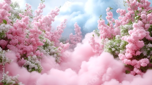 Pink and white blossoms amidst a dreamy pink cloud landscape