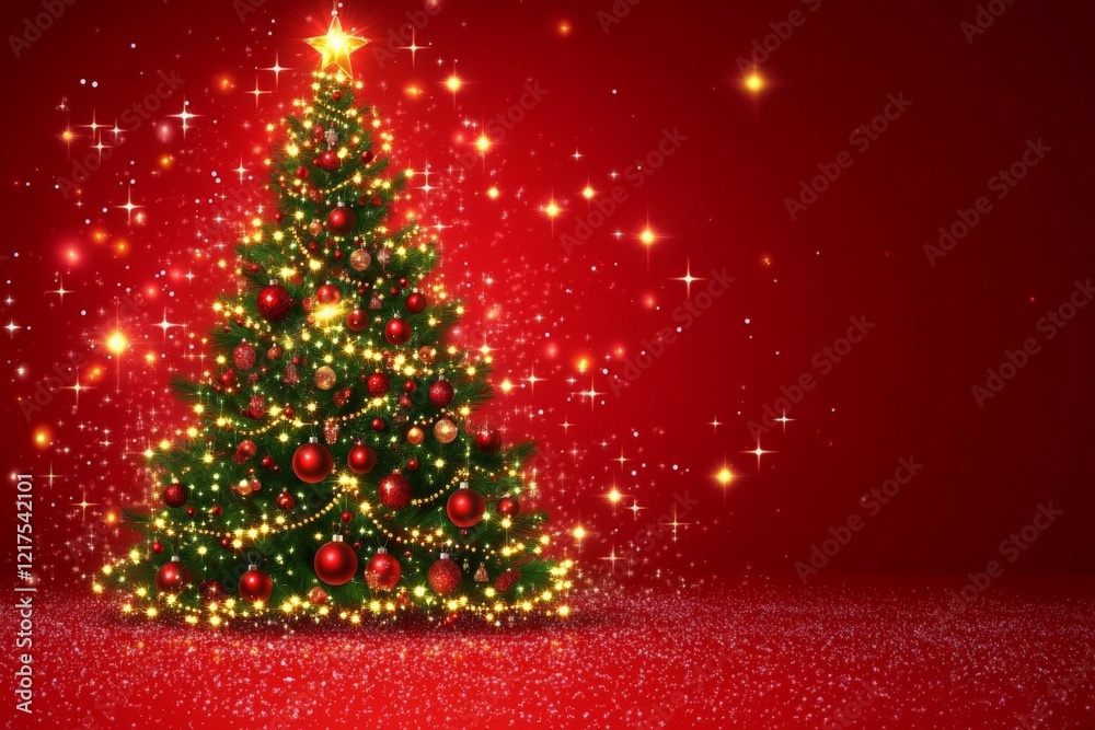 Christmas tree adorned with lights and ornaments in festive red background for holiday celebration Christmas tree adorned with lights and ornaments in festive red background for holiday celebration