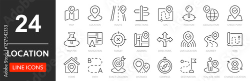 Location thin line icon set. Route, address, geolocation, map pin, pinpoint, destination, map, road, compass, place, GPS - stock vector.