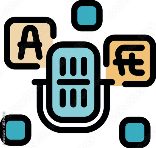 Microphone is converting audio into different languages and currency symbols, representing global communication and financial transactions