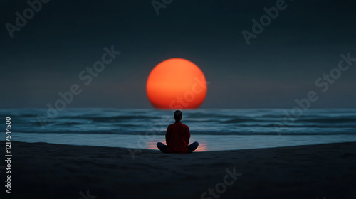 Meditating at sunset on a tranquil beach photo