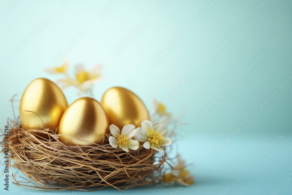 Golden eggs displayed in a nest with flowers on a light blue background during springtime Golden eggs displayed in a nest with flowers on a light blue background during springtime